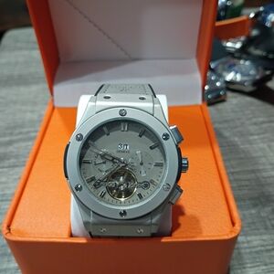 Automatic Watch With Gray Leather Strap